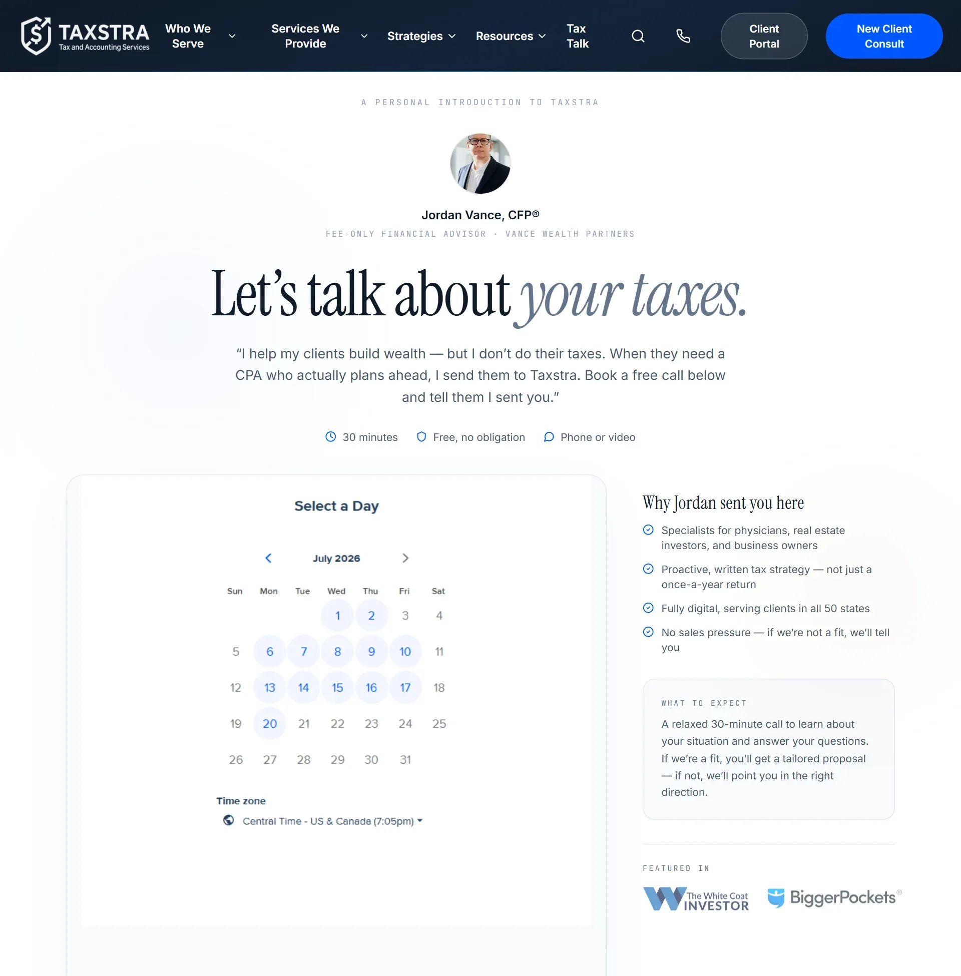 Example of a personal Taxstra partner referral page, with the partner's name, photo, and a built-in booking calendar