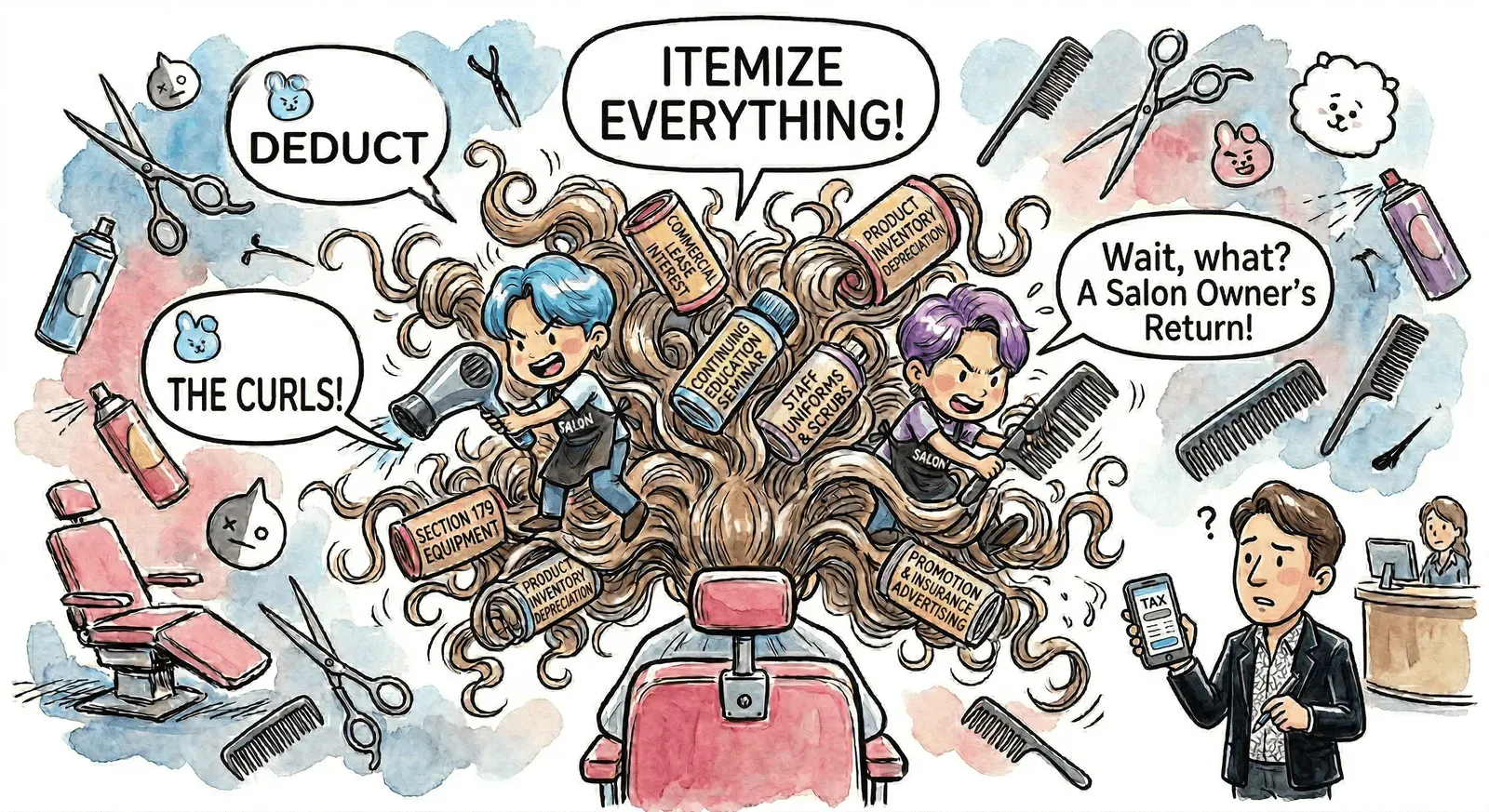 Cartoon illustration of salon owner tax challenges: navigating complex tax rules while running a beauty business