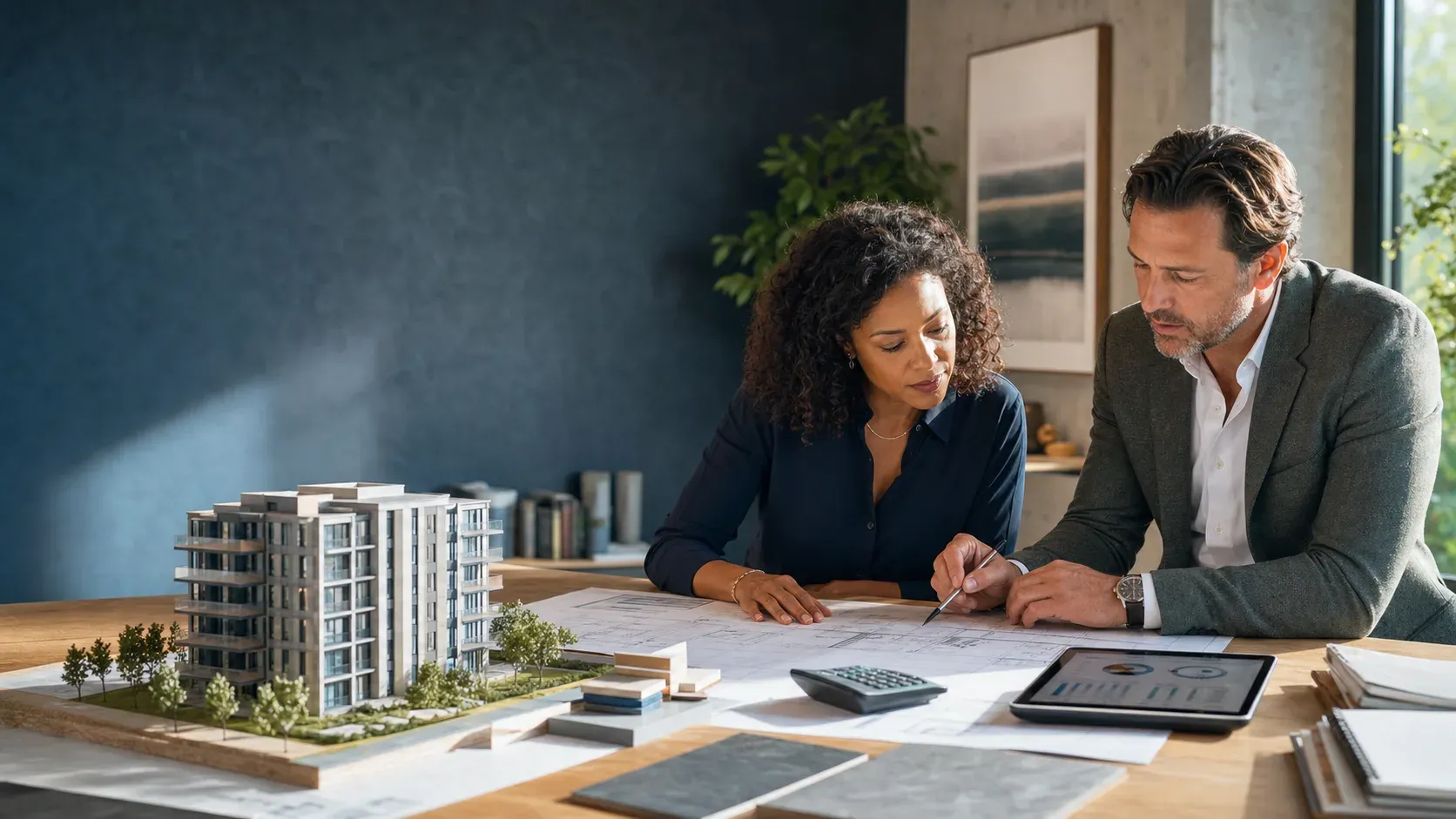 Real estate owner and CPA reviewing construction plans