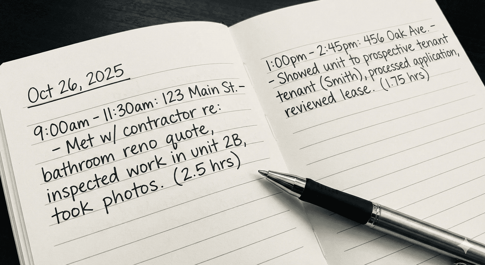 A close-up photograph of an open, handwritten journal with detailed, contemporaneous time log entries for real estate activities.