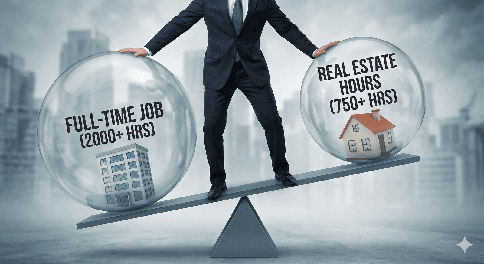 A conceptual photograph showing a person in a suit precariously balancing on a teeter-totter with a large sphere labeled FULL-TIME JOB (2000+ HRS) on one side and a sphere labeled REAL ESTATE HOURS (750+ HRS) on the other, illustrating the difficulty of maintaining both.