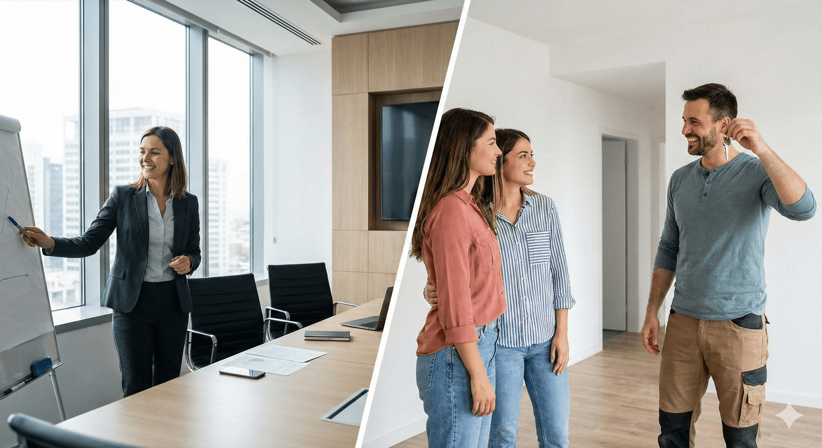A split-screen photo showing a successful couple: one spouse is a corporate executive leading a meeting in a modern office, while the other spouse is a property manager showing a newly renovated apartment to prospective tenants.