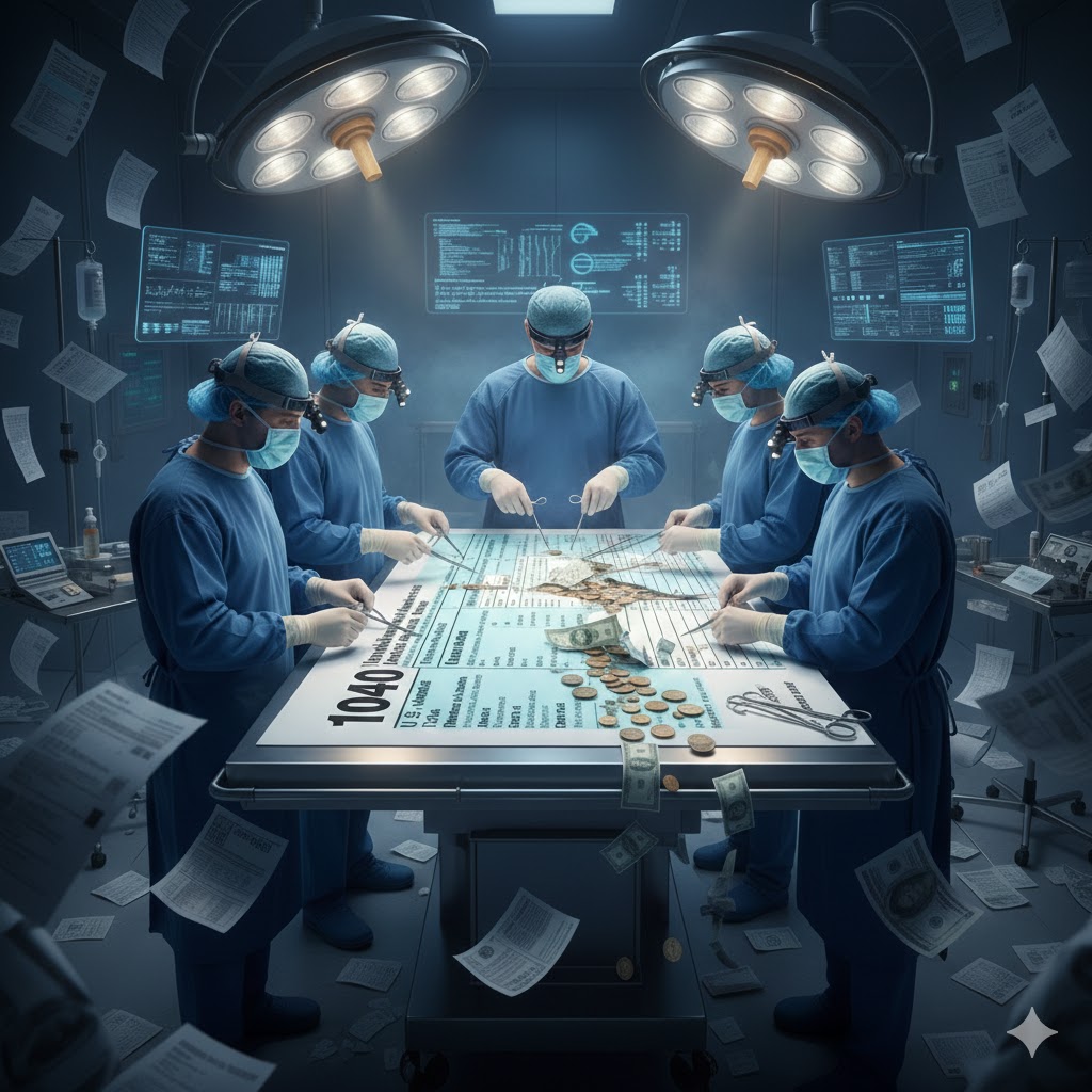Physician reviewing tax documents