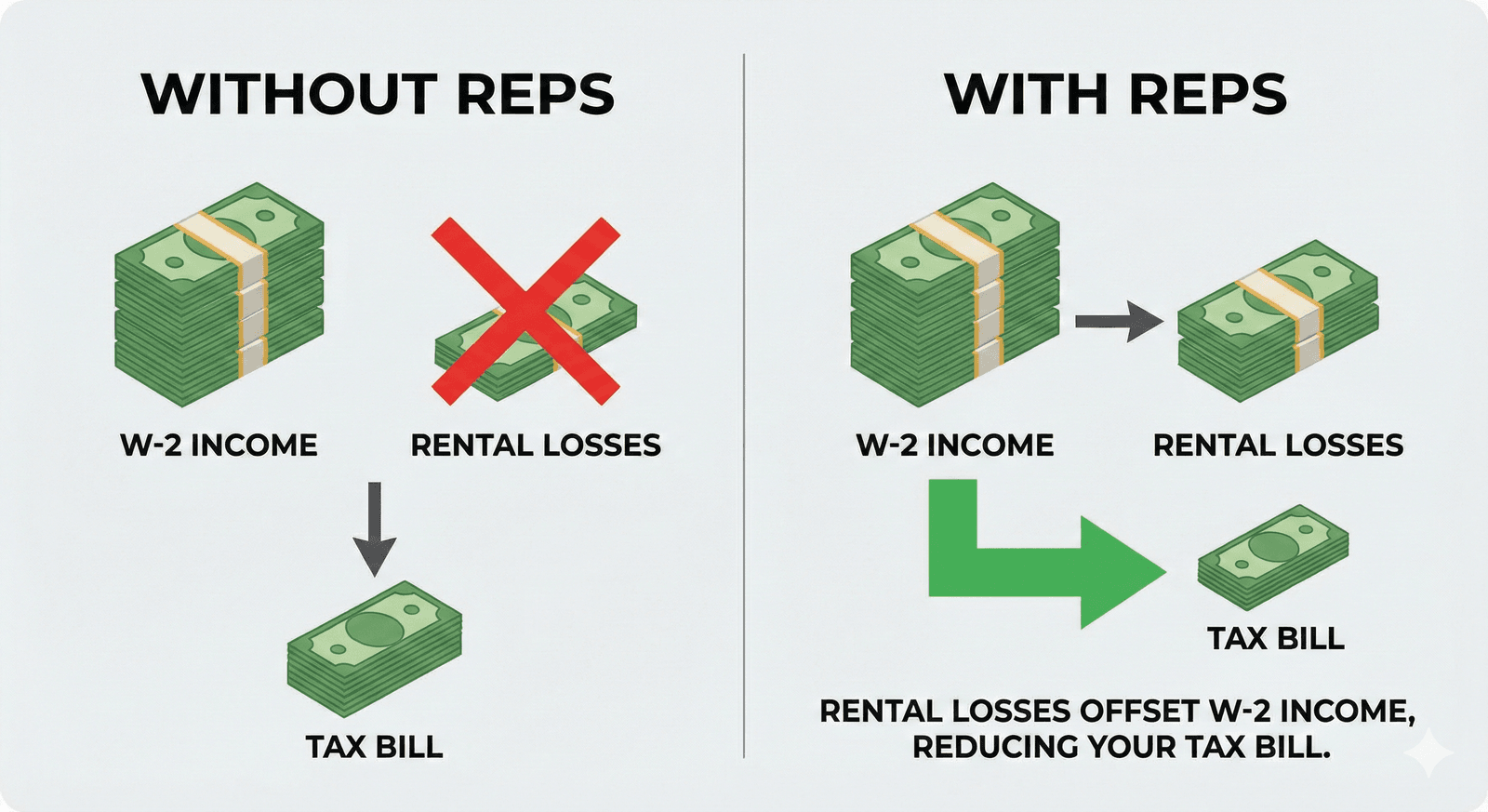 A before-and-after infographic showing a stack of money labeled W-2 INCOME with a red X over RENTAL LOSSES and a large tax bill on the left panel, and the same W-2 income with an arrow to RENTAL LOSSES and a smaller tax bill on the right panel.