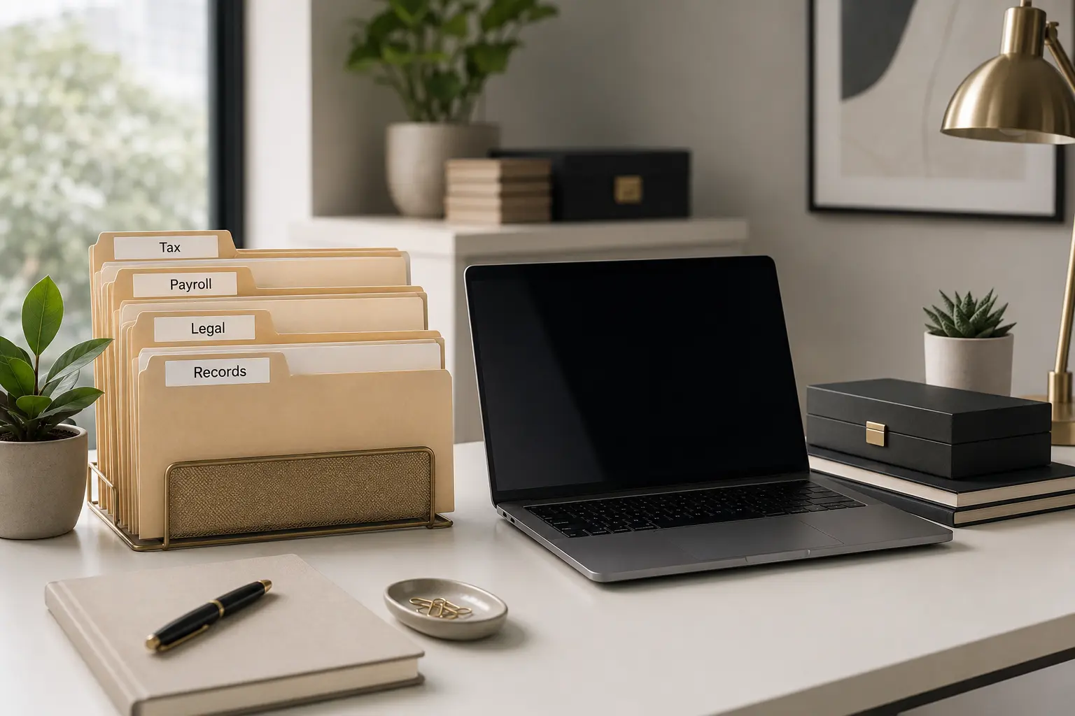Immaculately organized tax files and labeled folders on a clean desk
