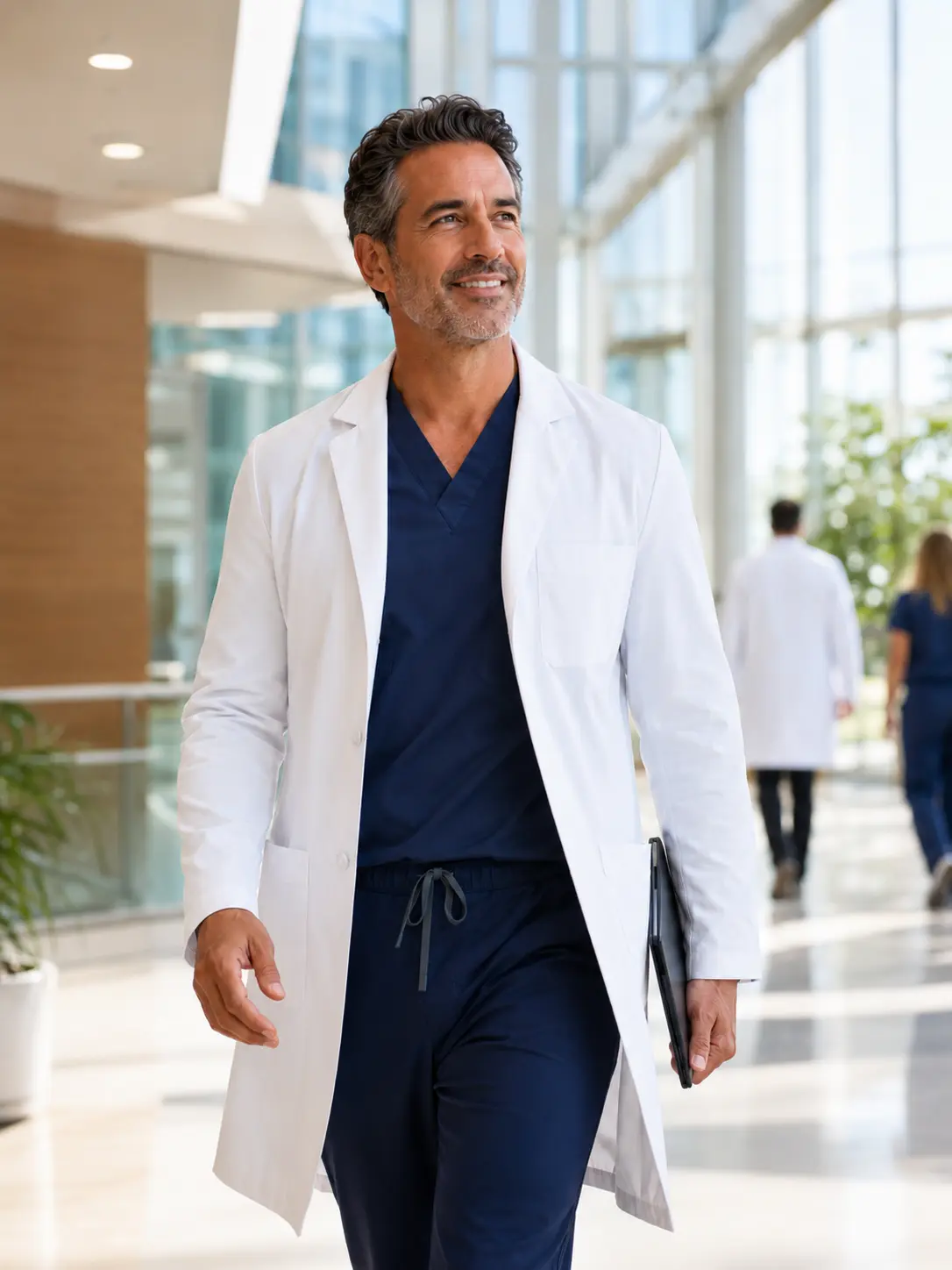Established attending physician walking through a hospital atrium