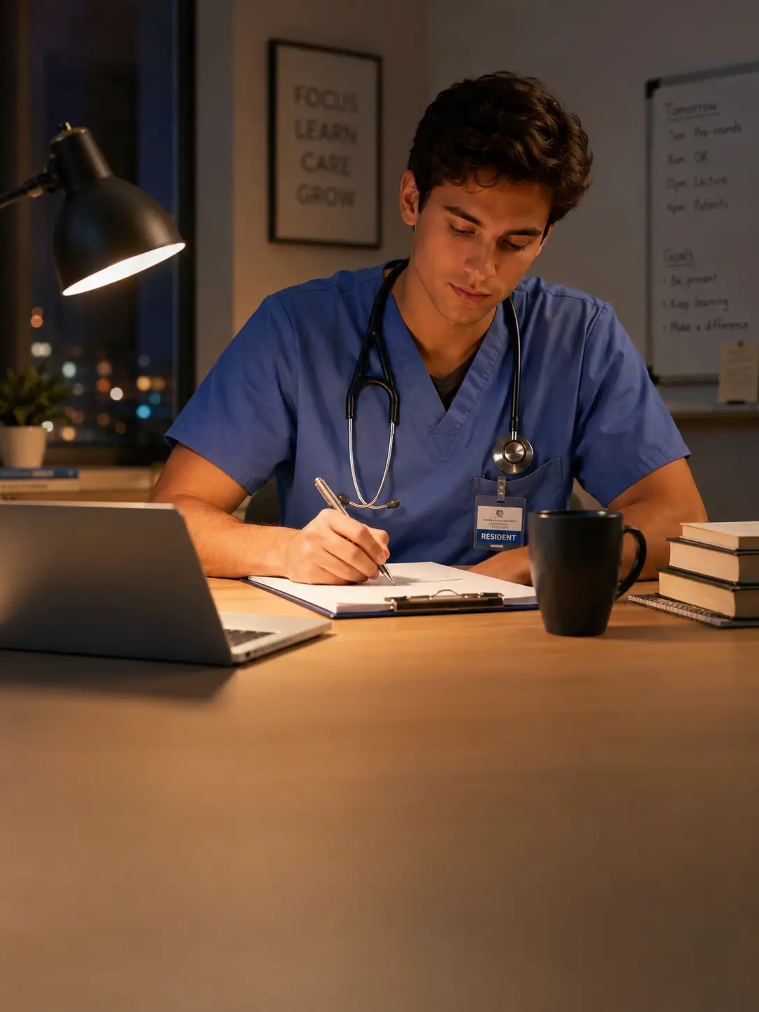 Resident physician studying in the evening