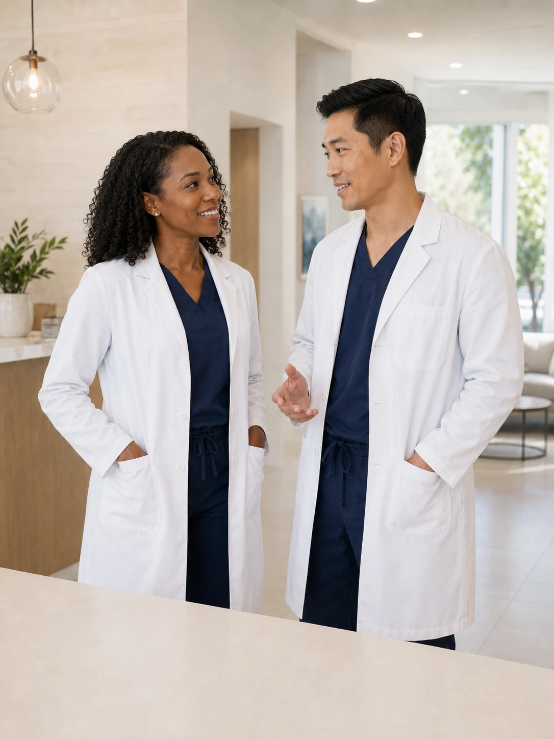 Dual-physician couple in white coats