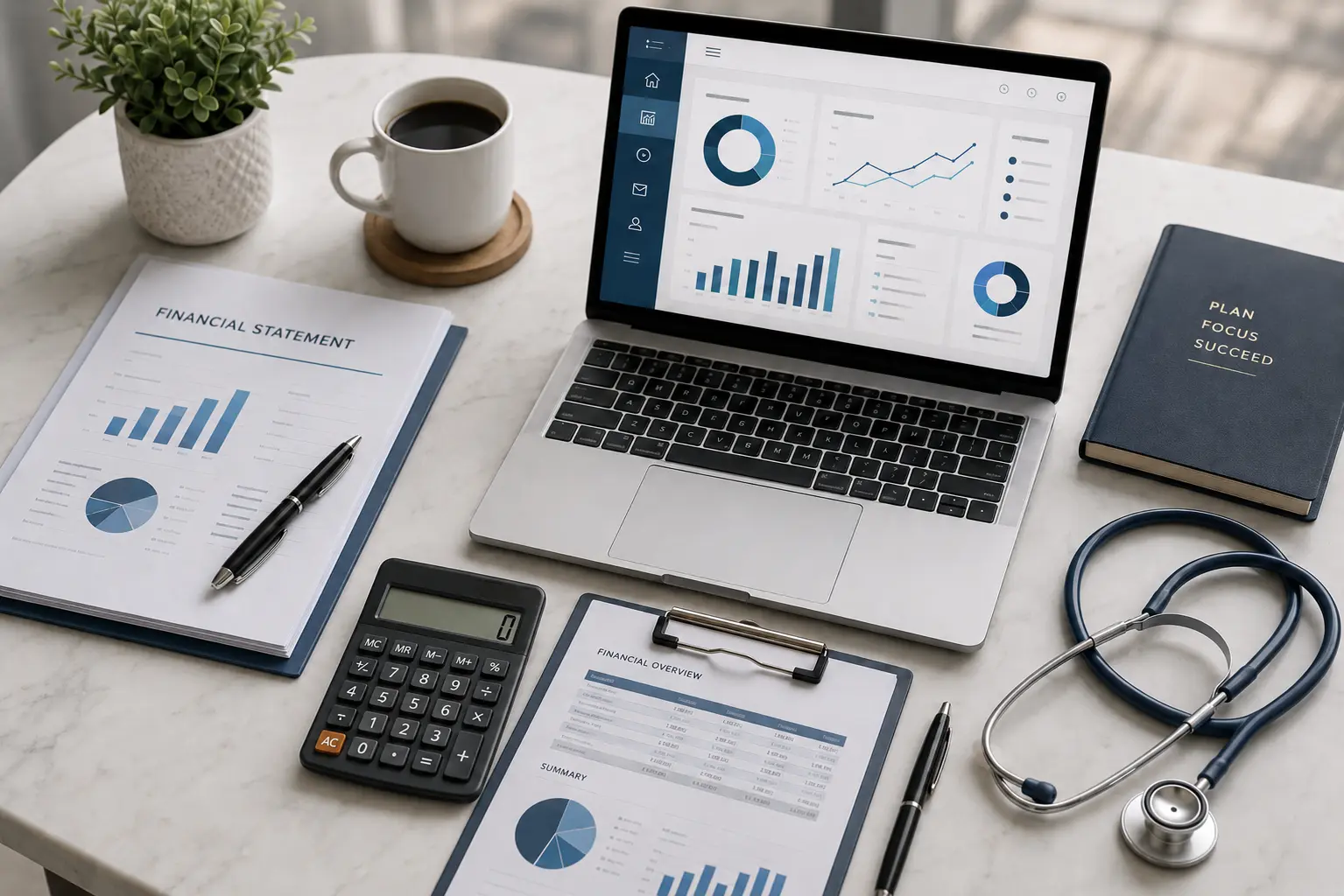 Medical practice accounting and bookkeeping for doctors: financial statements on a desk