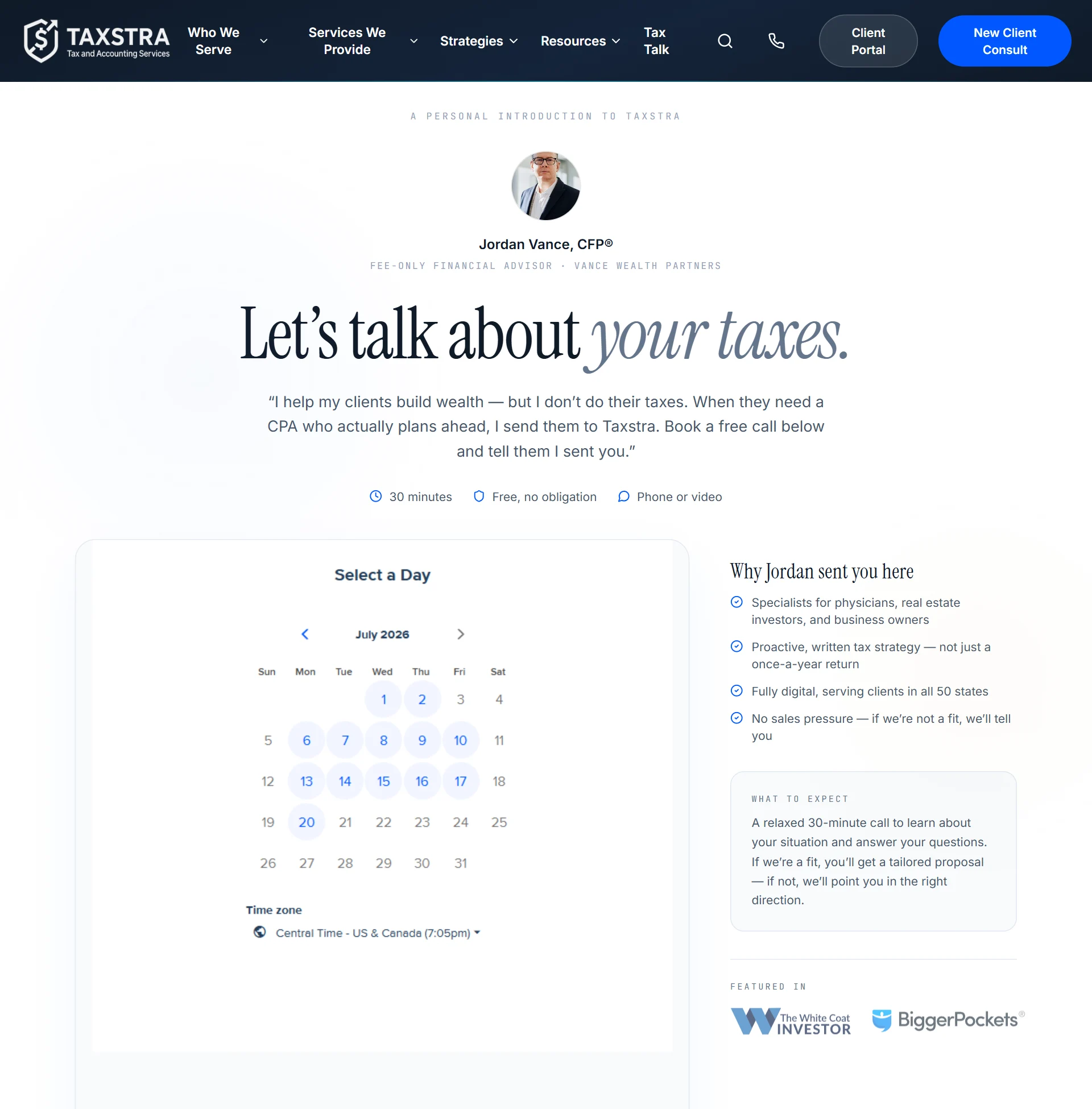 Example of a personal Taxstra partner referral page, with the partner's name, photo, and a built-in booking calendar