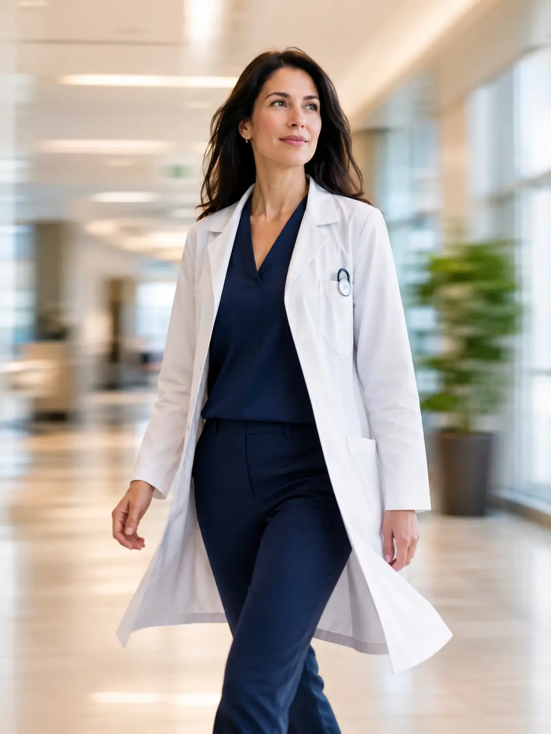 Employed W-2 physician in a white coat in a modern hospital