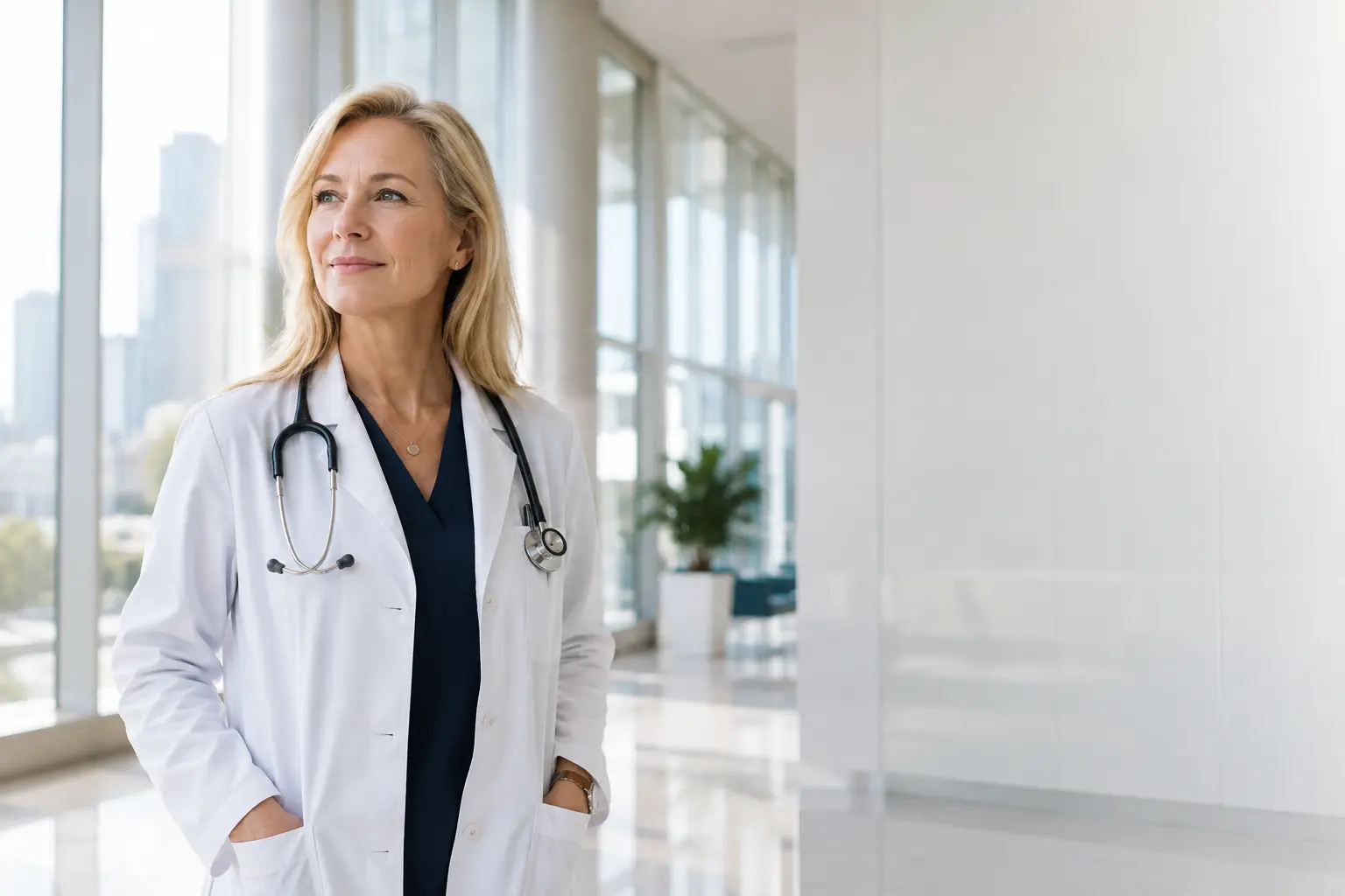 A physician in a bright modern medical building