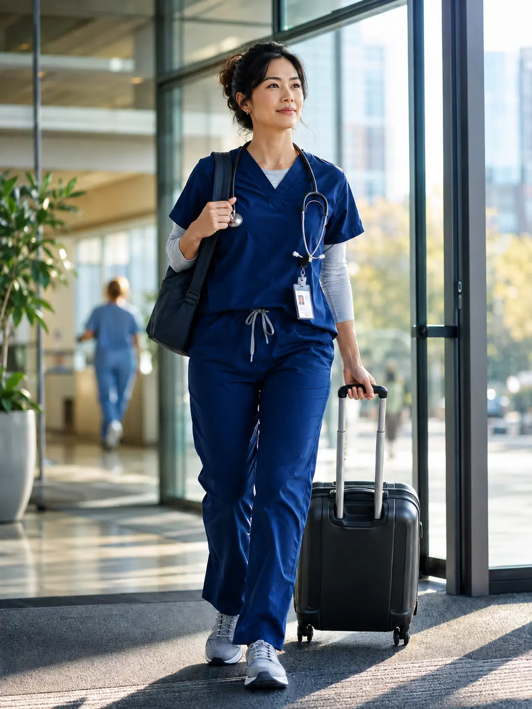 Locum tenens physician in scrubs traveling between assignments