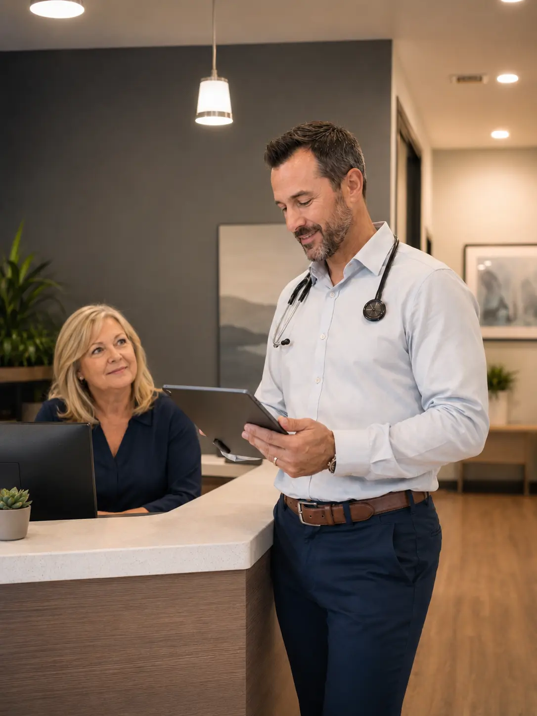 Physician practice owner reviewing a tablet in their clinic