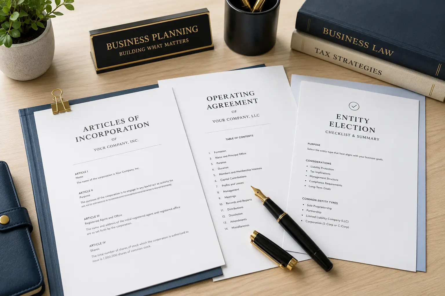 Entity and business structure documents on a clean desk