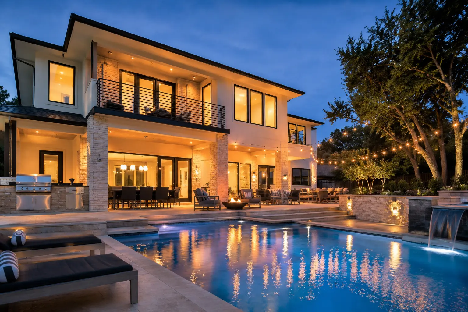 A sleek short-term rental property at dusk with warm lights