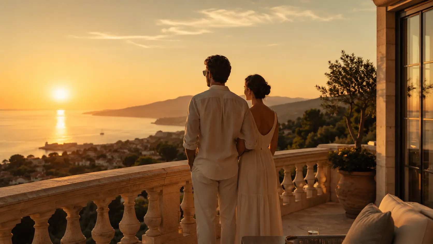 A couple looking toward the horizon at golden hour, long-term wealth