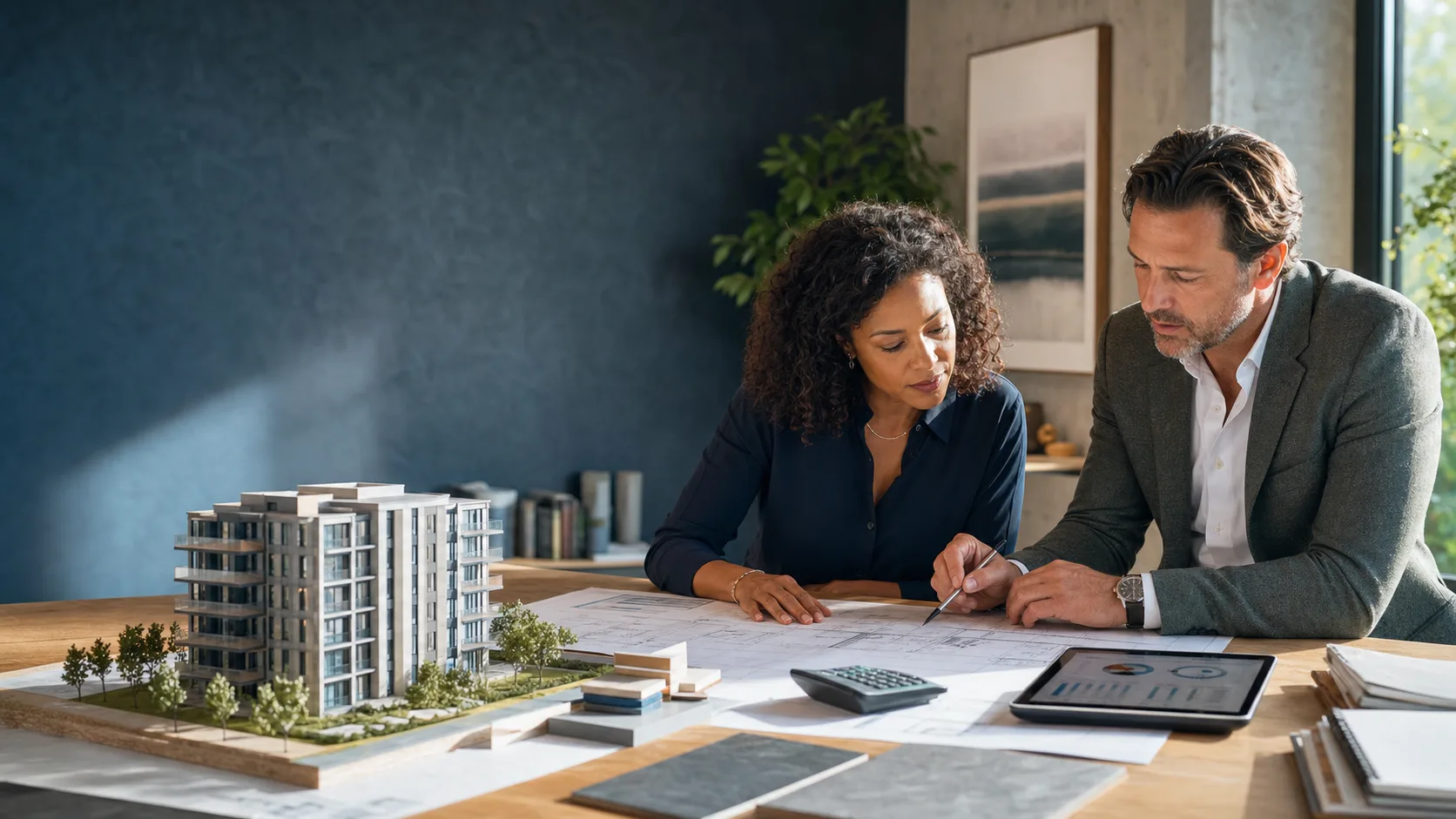 Real estate owner and CPA reviewing construction plans