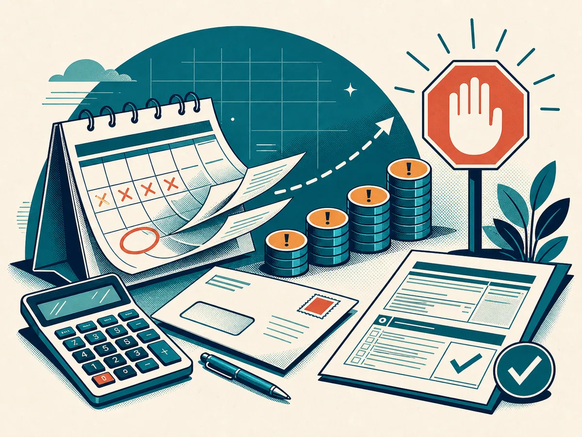 Editorial illustration of a late tax calendar, growing penalty markers, and a completed filed return