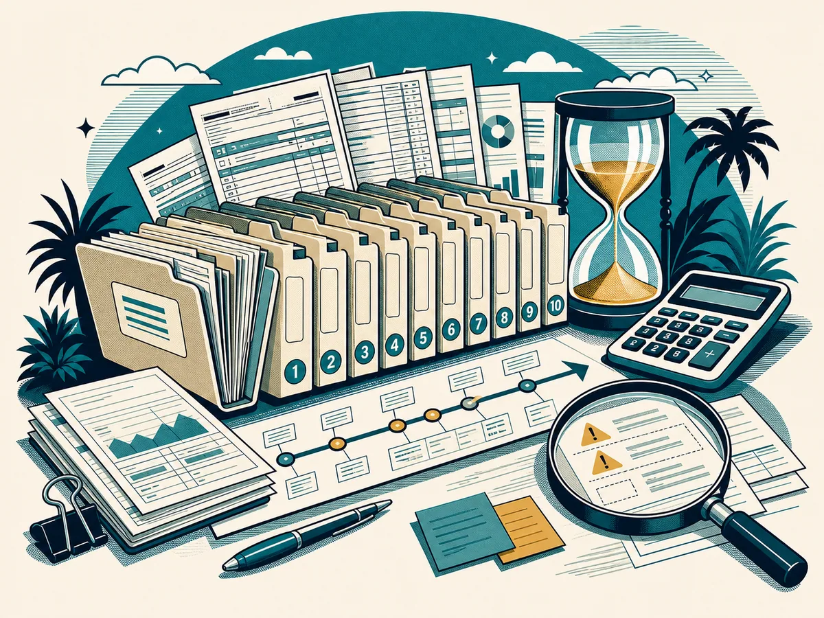 Editorial illustration of a ten-year tax archive, account timeline, hourglass, calculator, and record review