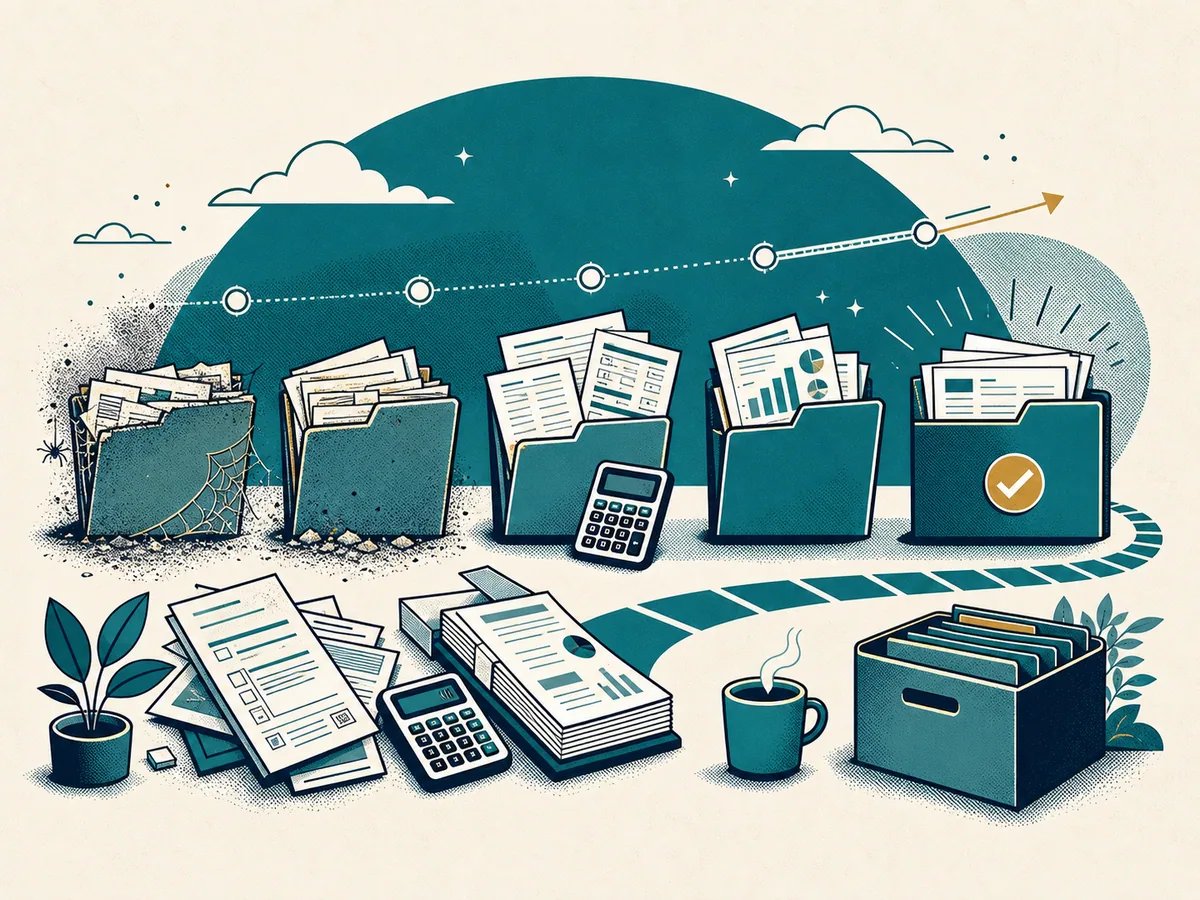 Editorial illustration of five years of tax records moving from scattered files to an organized filing system
