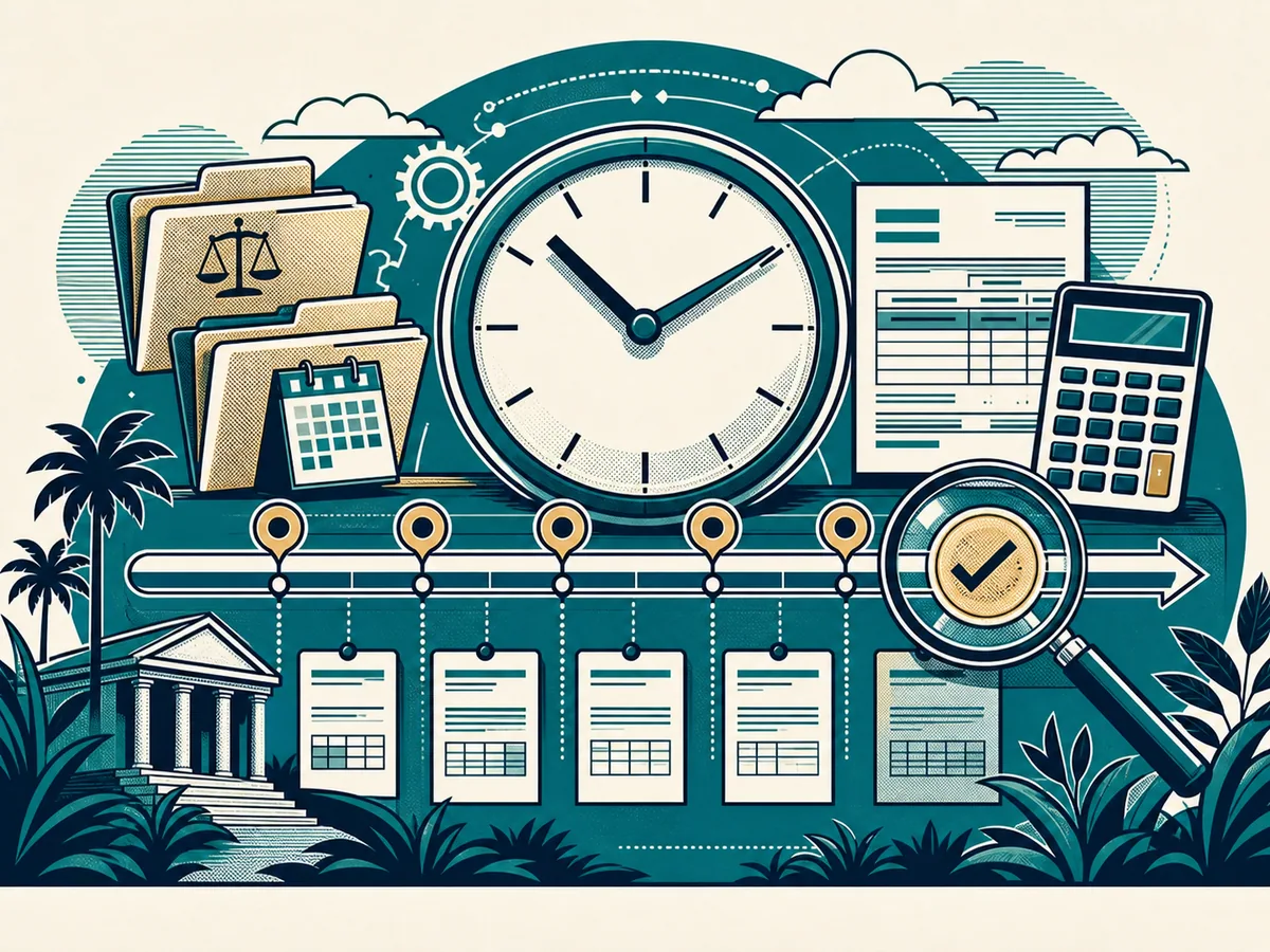 Editorial illustration of the IRS collection statute timeline with a clock, assessment markers, and account records