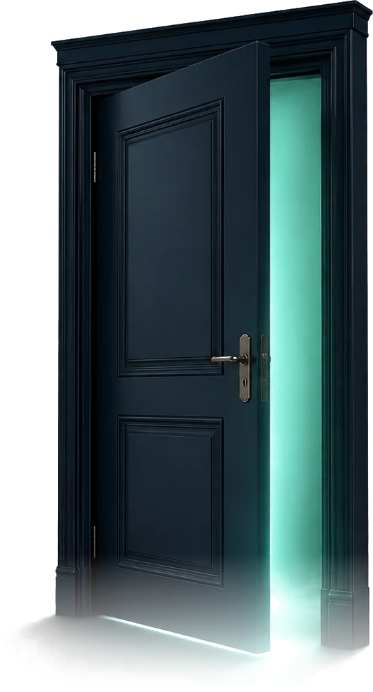 A dark, ornate door opening to reveal a glowing teal light — the hidden 'backdoor' into tens of thousands more in tax-free Roth savings