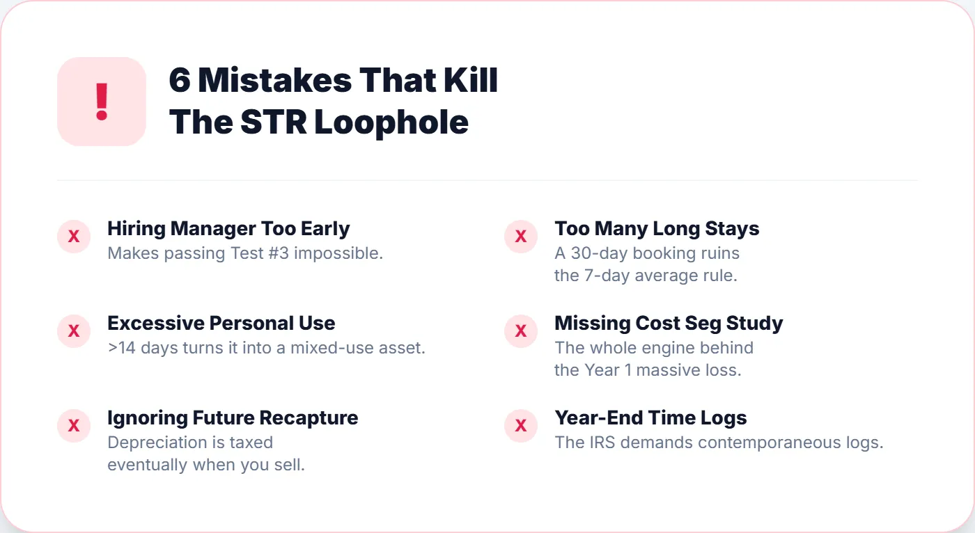 Six common mistakes that kill the STR loophole tax strategy