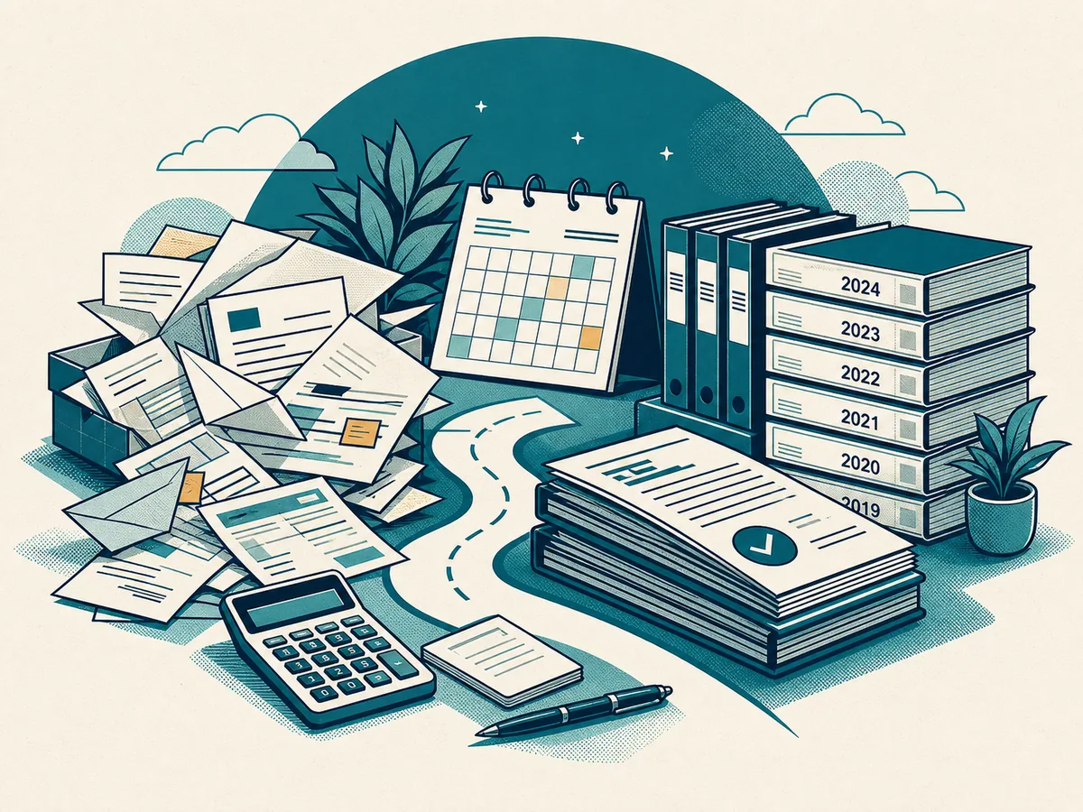 Editorial illustration showing scattered unfiled tax records becoming an organized multi-year filing package